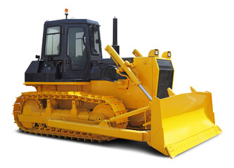 Modern powerful bulldozer side view front, yellow. In png format on a transparent background.