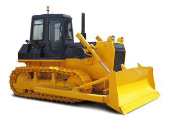 Modern powerful bulldozer side view front, yellow. In png format on a transparent background.