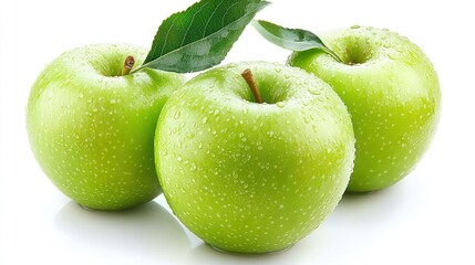 Three Green Apples With Dew Drops And Leaves