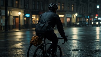 Cyclist riding through a rainy city street at night.