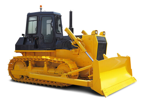 Modern powerful bulldozer side view front, yellow. In png format on a transparent background.