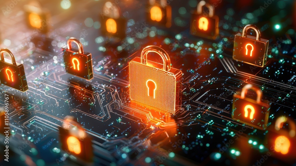 Poster digital security concept with glowing locks and circuit patterns