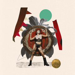 Red-haired circus performer, woman dressed in vintage burlesque attire standing tied to wooden...