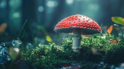 Red mushroom with white spots growing on moss in a forest.