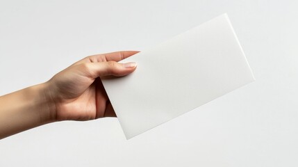 Woman s hand carefully presenting a blank letter sized document on a white background