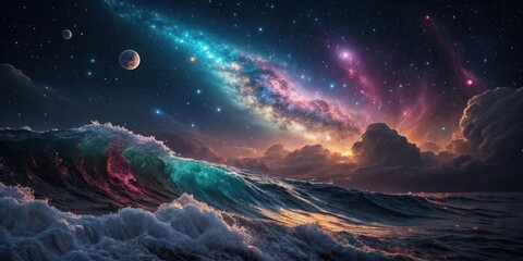 Celestial Ocean A cosmic swirl of vibrant nebulae reflected in a powerful, iridescent wave at night