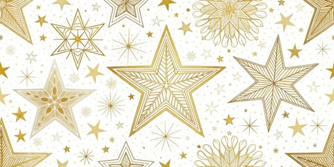Fototapeta premium Ornate Gold Stars and Snowflake Pattern Design for Festive Celebrations