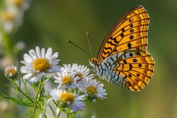 Obraz premium Beautiful butterfly feeding on white wildflowers in nature