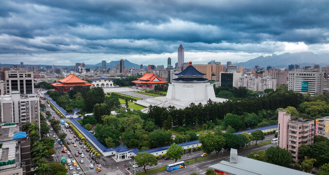 Taipei, Taiwan - September 14, 2024: Aerial view of the Chiang Kai shek Memorial and Taipei skyline on a cloudy day