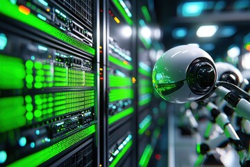 Futuristic Robot Monitoring Data in High-Tech Server Room
