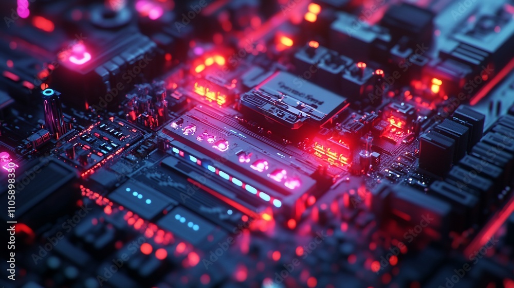 Poster Close-up of illuminated circuit board with red and blue LEDs.