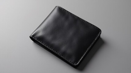 A plain black leather bifold wallet mockup with a subtle grain texture, rendered flat on a matte gray background in soft, photorealistic lighting. Perfect for branding or marketing.