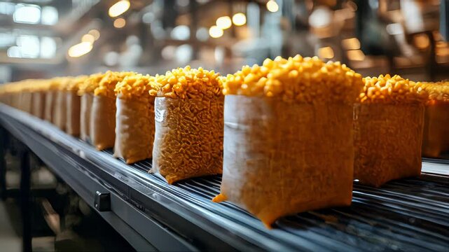 Packed pasta shapes on a production line, showcasing modern food packaging processes in a factory