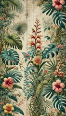 The vibrant jungle mural wallpaper you requested, featuring lush tropical foliage, delicate vines, and exotic flowers in a distressed vintage style2