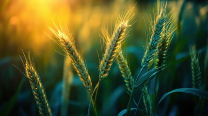 Sunlit green wheat field at golden hour