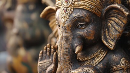 Fototapeta premium Statue of Lord Ganesha A Revered Deity with an Elephant Head Concept Indian Deity Elephantheaded God Hindu faith Religious Symbolism Sacred Figurine