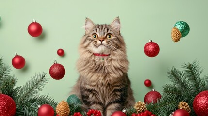 Obraz premium A fluffy cat is surrounded by festive decorations, including colorful ornaments and pine branches, set against a soft green background.
