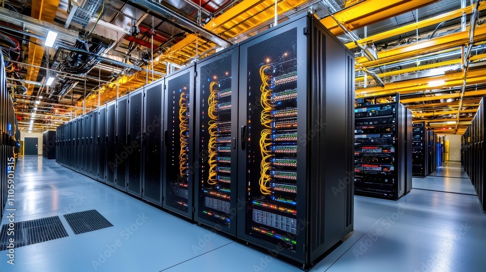 Poster high-tech data center with rows of server racks and cables