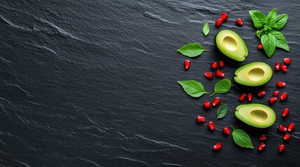Fresh Avocado Halves with Green Basil Leaves and Red Pomegranate Seeds on Dark Slate Background, Healthy Food Ingredients for Culinary Creations, Nutritional Benefits