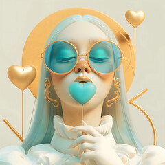  A cute girl with blue hair and golden makeup, holding heart-shaped lollipops in her hands