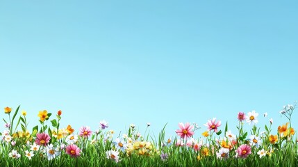Colorful Wildflowers Under Clear Blue Sky in Vibrant Landscape