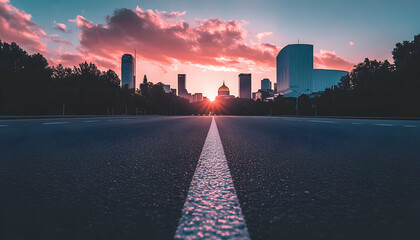 Obraz premium Majestic cityscape sunset view from a road, showcasing modern architecture and a golden-domed building at the center, bathed in warm, pink hues.