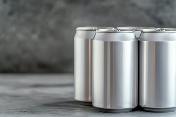 Six pack of aluminum cans on gray background.