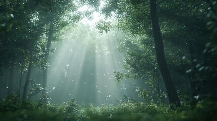 Obraz premium Sunbeams illuminating a misty forest.