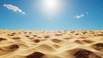 Vast Desert Landscape Under Bright Blue Sky with Sun and Clouds