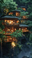 Obraz premium Magical wooden treehouses nestled in a lush jungle canopy their warm glow illuminating the tranquil forest at night