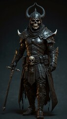 Dark fantasy character with a skull helmet and staff.