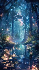 Enchanted fairy tale forest with a glowing misty atmosphere sparkling lights and a serene river reflection  Mysterious whimsical and captivating natural landscape with a sense of wonder and magic
