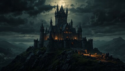 Dark fantasy landscape featuring an ancient castle on a mountaintop.