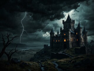 Fototapeta premium Dark fantasy landscape with an ancient castle during a storm.