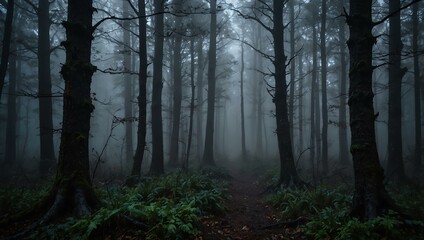 Fototapeta premium Dark forest engulfed in fog with a ghostly appearance.
