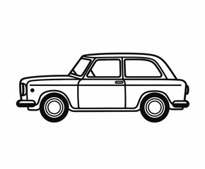 Minimalist black-and-white line art illustration of a car with a classic design, featuring clean outlines on a white background.