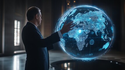 Government Official Presenting Economic Data with 3D Globe Visualization