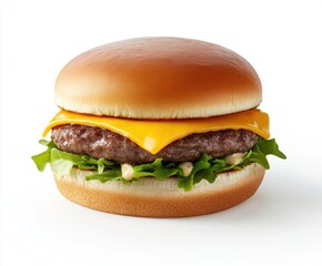 High-quality close-up of a classic cheeseburger with a juicy beef patty, melted cheese, pickles, red onion, ketchup, and a soft bun on a white background.