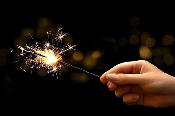 Fototapeta premium Woman holding burning sparkler in front of blurred lights