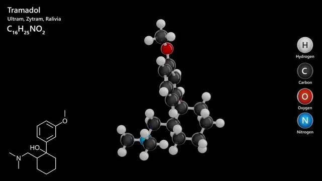 Tramadol. Analgesic. Animated 3D model of a molecule. Molecular formula: C16H25NO2. Chemical model: Ball and sticks. Black background. 3D rendering. Seamless loop.