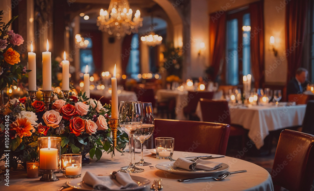 Poster table with a vase of flowers and candles, and a man sitting at the table. there are also wine glasse