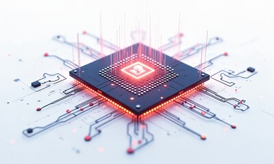 An illustration of a glowing AI chip surrounded by holographic data layers and abstract circuit designs. The white background highlights the chip as the central element of the composition.