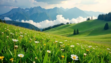 Fototapeta premium High Tatras Slovakia Green Meadows Scenic Landscape AI Art, Breathtaking Mountain Views, Serene Nature, Vivid Colors, Misty Morning