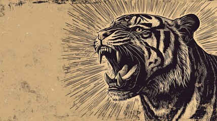 Roaring Tiger Artistic Woodcut Style Illustration