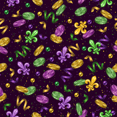 Mardi Gras themed seamless pattern with falling shiny coins, Fleur de Lis sign, scattered beads, confetti, trinkets on dark textured background. Coins with crown icon. Vintage style.
