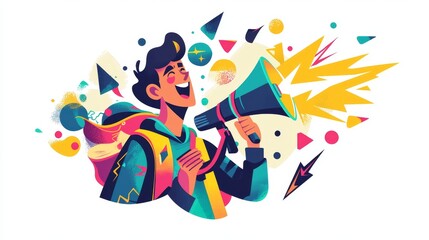 Fototapeta premium Vibrant Character Expressing Joy and Enthusiasm with Megaphone in Flat Colorful Design
