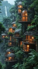 Obraz premium Whimsical and fantastical floating treehouses suspended in a lush verdant jungle landscape with a stunning waterfall backdrop This enchanting ethereal scene evokes a sense of escape adventure