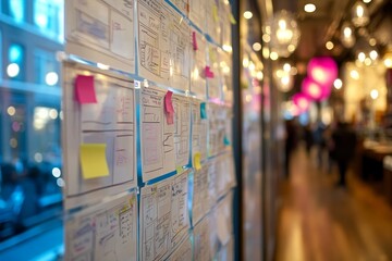 Creative workspace featuring colorful sticky notes and detailed sketches on a transparent board, capturing collaborative brainstorming and innovative ideas in a modern office environment.