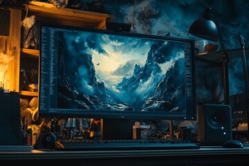 Obraz premium Creative Workspace with a Monitor Displaying a Stunning Digital Landscape of Dramatic Mountains and a Clear Sky, Perfect for Artists and Designers