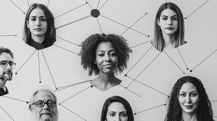 Portraits linked by lines depict the collaborative spirit essential for modern professional achievements.